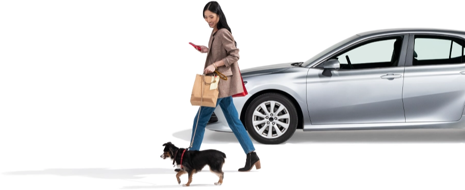 A woman walks her dog past a parked grey sedan.