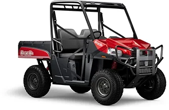 Side view of a red ATV.